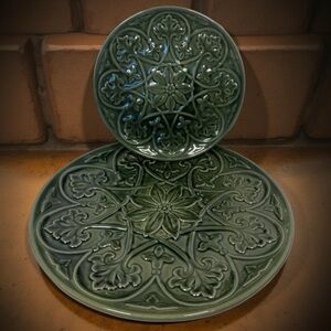 French Art Nouveau Plates in Green Embossed Floral Patterns Dark Green Set of 2